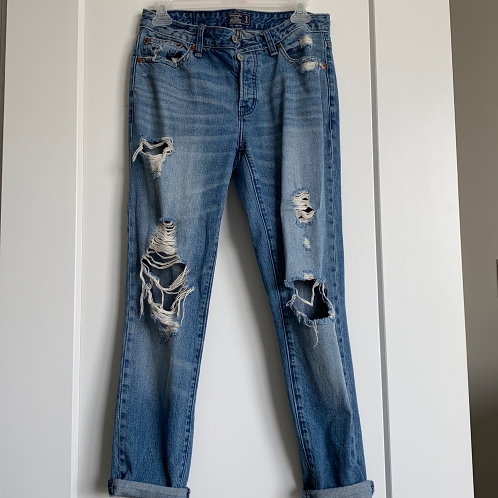 Abercrombie and Fitch distressed medium wash boyfriend jeans